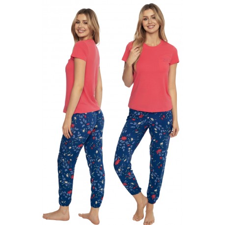 Piżama damska Henderson Ava - Kwiatowy Design, Czerwony Top i Niebieskie Spodnie