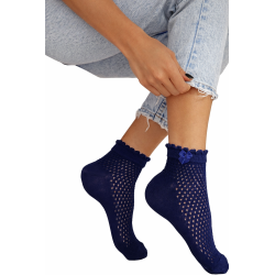 Skarpetki damskie ażurowe Milena z kokardką granat