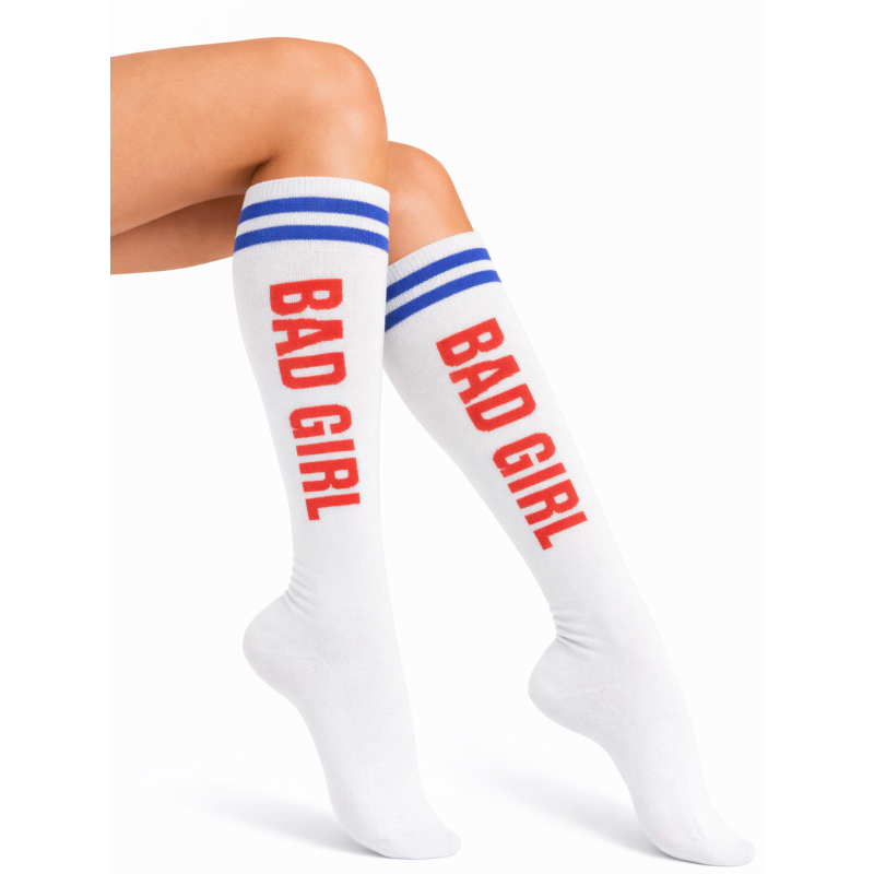 Podkolanówki damskie BAD GIRL białe niebieskie pasy 37-41