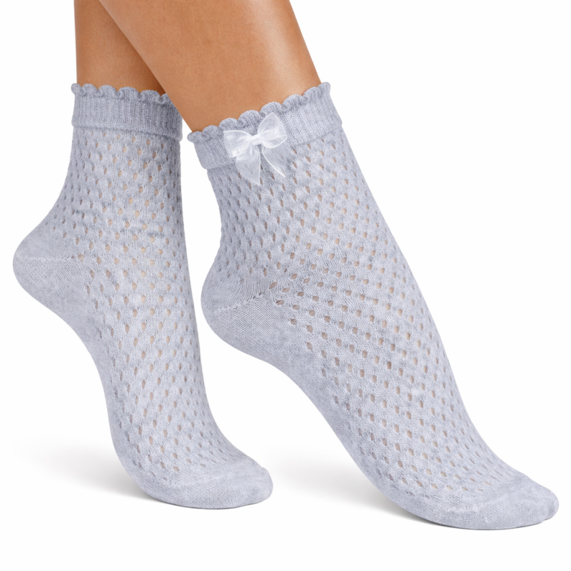 Skarpetki damskie ażurowe Milena z kokardką szare