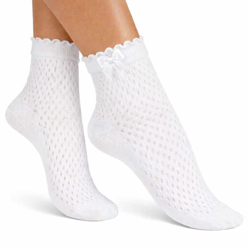 Skarpetki damskie ażurowe Milena z kokardką białe