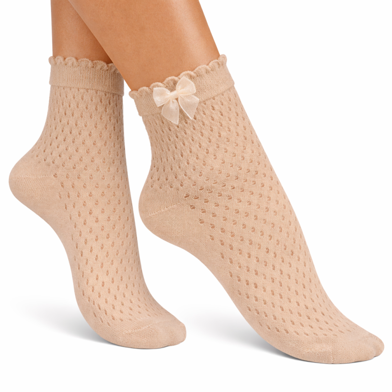 Skarpetki damskie ażurowe Milena z kokardką beż