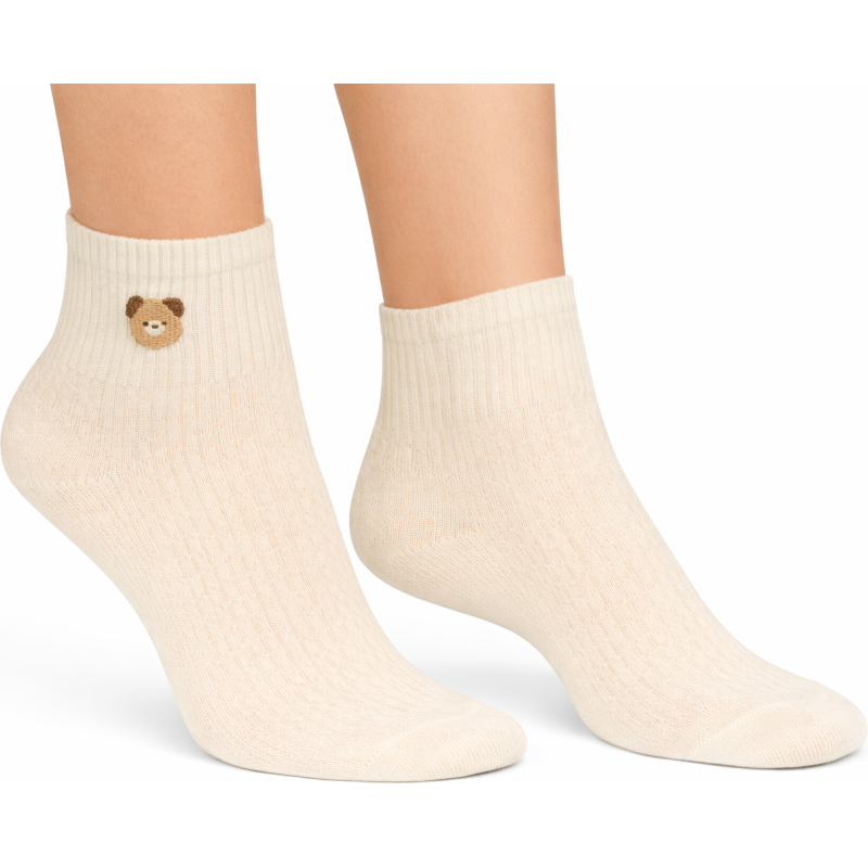 Skarpety damskie ecru Aura.Via krótkie z misiem bawełna