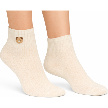 Skarpety damskie ecru Aura.Via krótkie z misiem bawełna