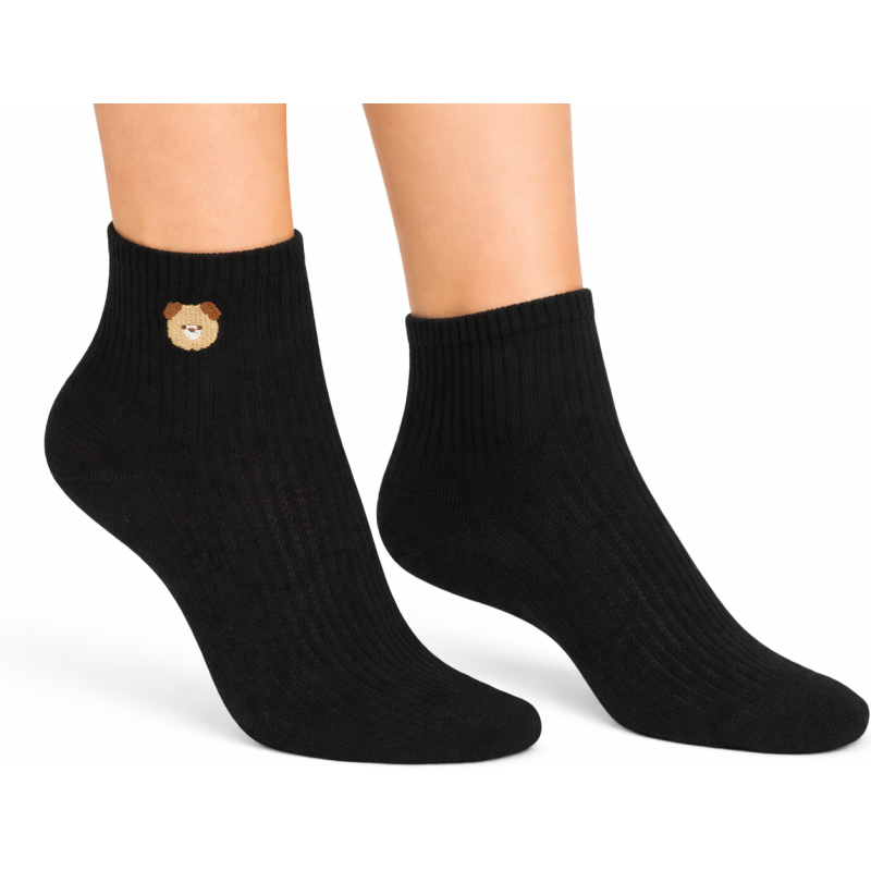 Czarne skarpety damskie Aura.Via krótkie z misiem bawełna